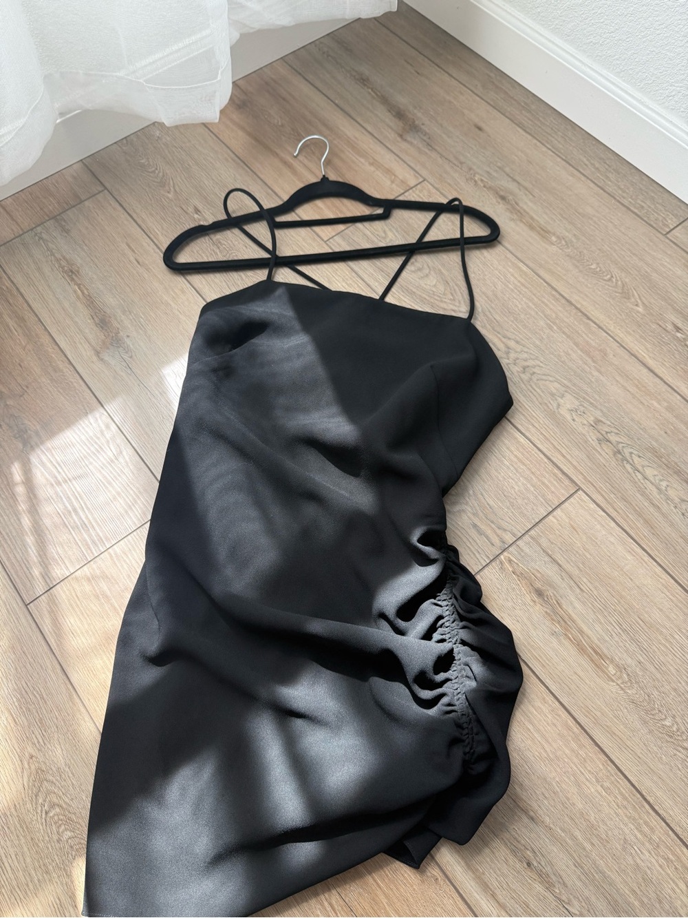 Zara Black Asymmetric Ruched Mini Dress with Spaghetti Straps